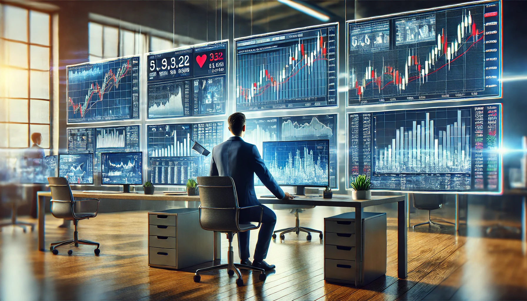 Futuristic interface displaying stock market trends with glowing charts, bull and bear symbols, and GDP growth indicators analyzed by a professional.