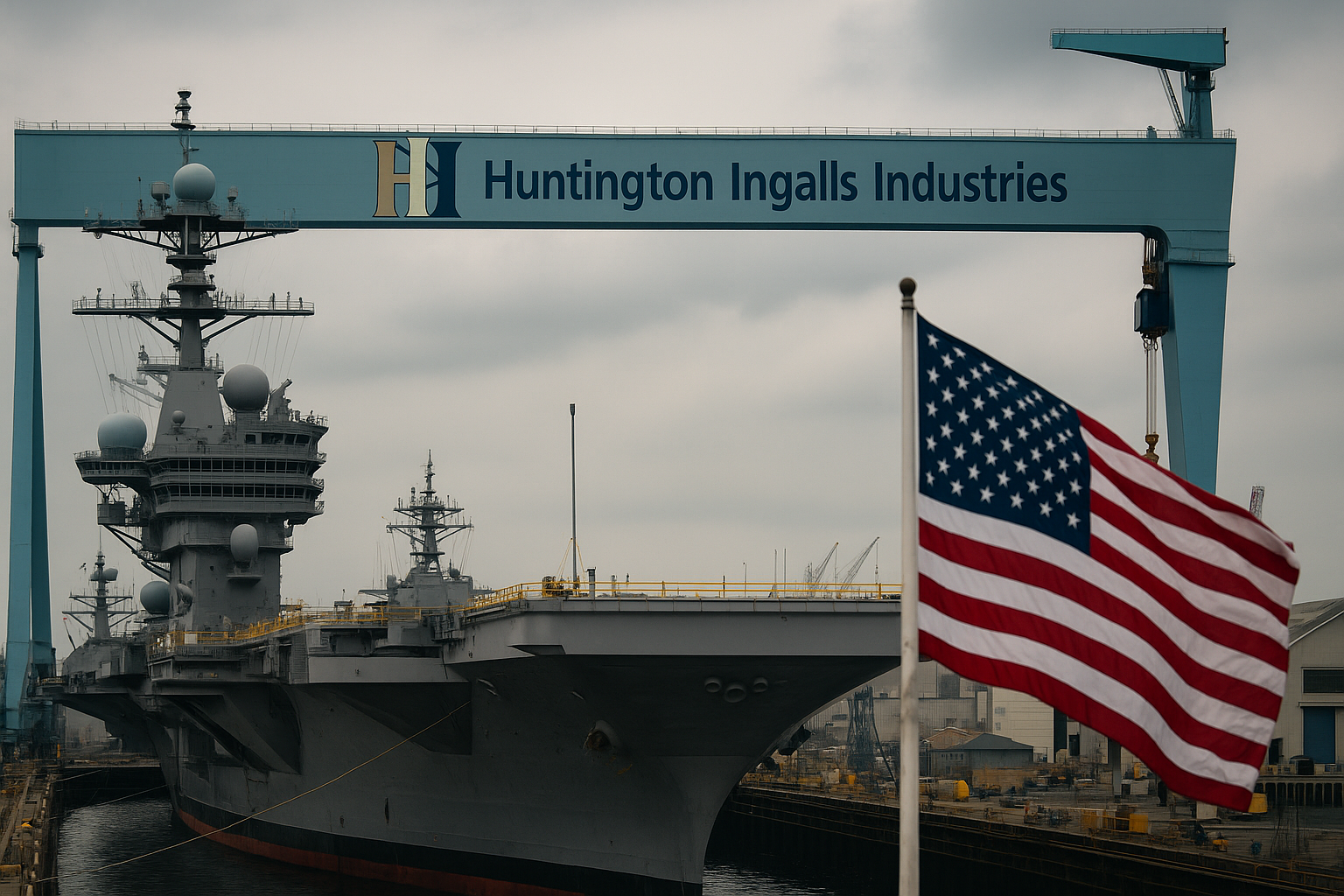 Huntington Ingalls shipyard with advanced U.S. Navy vessels under construction, symbolizing America's naval strength and defense industry.